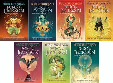 Cover of Percy Jackson and the Olympians Series, Set of 7 Books. Lightning Thief, Sea of Monsters, Titan's Curse, Battle of the Labyrinth, Last Olympian, the Chalice of the Gods, Wrath of the Triple Goddess